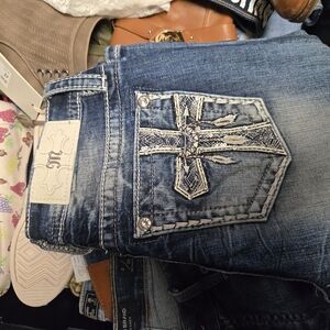 Miss Me Blue Boot Cut Jeans with Ornate Cross Design